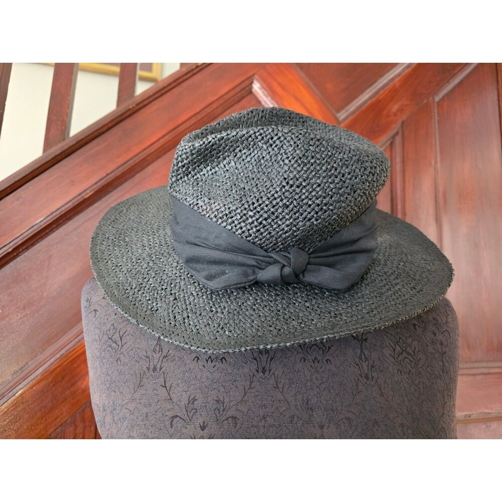Loft Black Straw Wide-Brim Hat With Ribbon Knot Detail